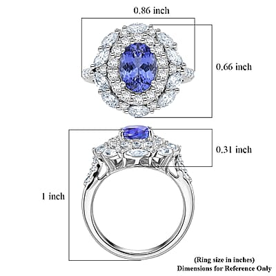 Certified & Appraised D'Joy Premium Tanzanite and Moissanite 2.75 ctw Ring in Rhodium Over Sterling Silver (Size 6.0)