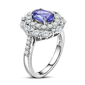 Certified & Appraised D'Joy Premium Tanzanite and Moissanite 2.75 ctw Ring in Rhodium Over Sterling Silver (Size 8.0)