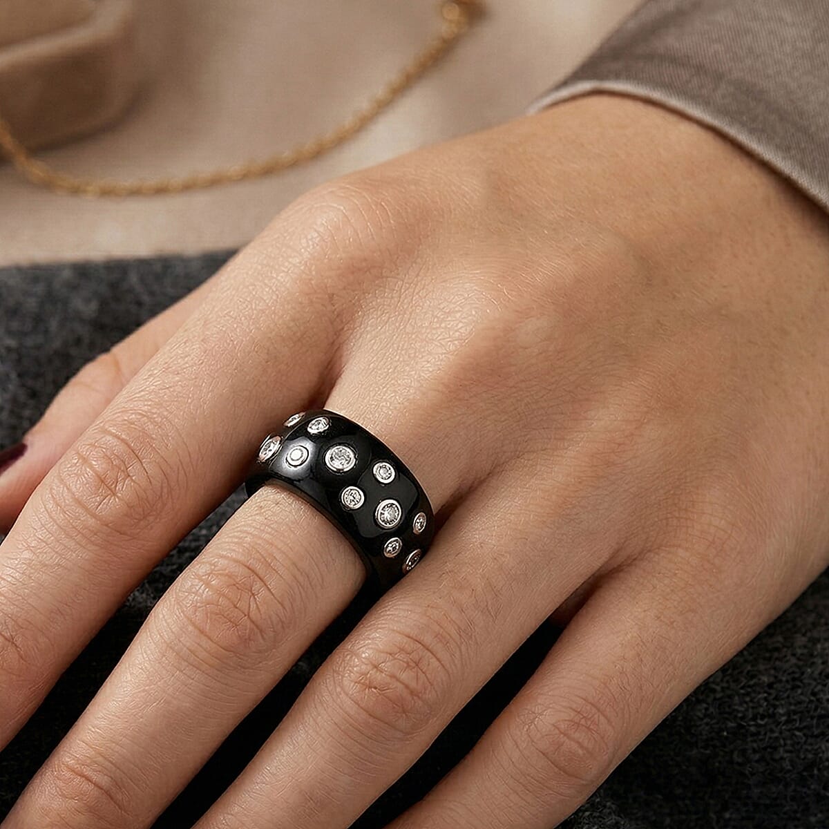 Lab Grown Diamond G-H SI and Black Jade (D) 50.65 ctw Midnight Spark Ring in Rhodium Over Sterling Silver (Size 10.0) (Ships in 8-10 Days) image number 2