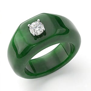 Lab Grown Diamond G-H SI 40.00 ctw and Green Jade (D) Midnight Spark Ring in Rhodium Over Sterling Silver (Size 10.0) (Ships in 8-10 Days)