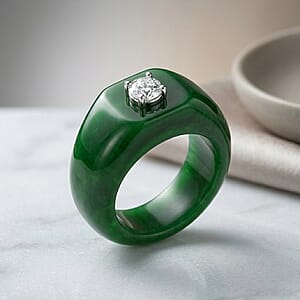 Lab Grown Diamond G-H SI 40.00 ctw and Green Jade (D) Midnight Spark Ring in Rhodium Over Sterling Silver (Size 10.0) (Ships in 8-10 Days)