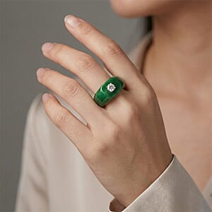 Lab Grown Diamond G-H SI 40.00 ctw and Green Jade (D) Midnight Spark Ring in Rhodium Over Sterling Silver (Size 10.0) (Ships in 8-10 Days)