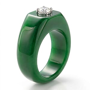 Lab Grown Diamond G-H SI 40.00 ctw and Green Jade (D) Midnight Spark Ring in Rhodium Over Sterling Silver (Size 10.0) (Ships in 8-10 Days)