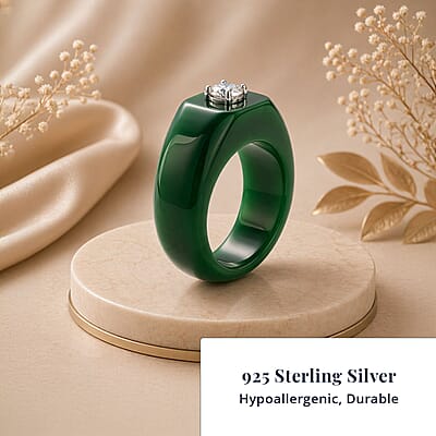 Lab Grown Diamond G-H SI 40.00 ctw and Green Jade (D) Midnight Spark Ring in Rhodium Over Sterling Silver (Size 6.0)
