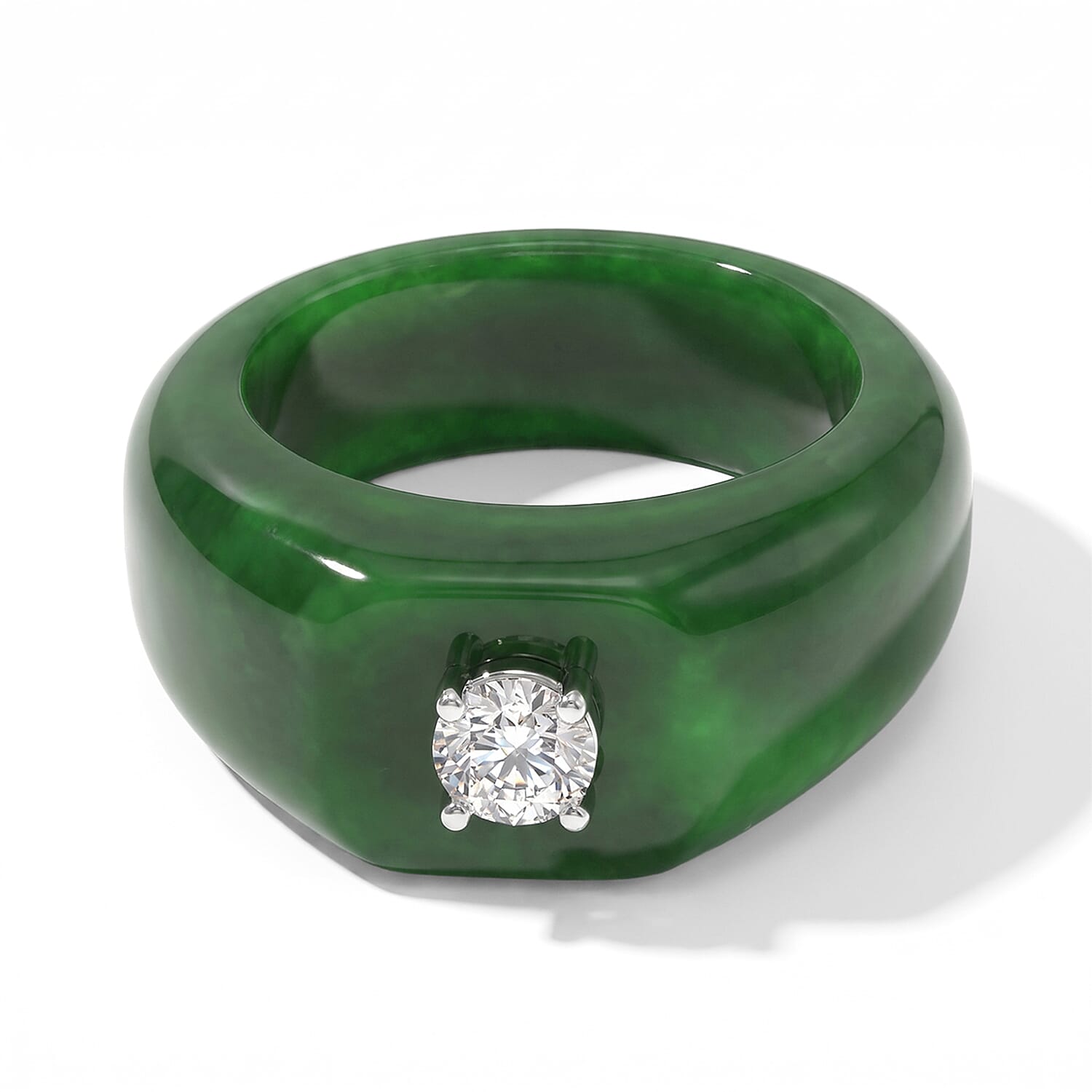 Lab Grown Diamond (G-H, SI) (0.52 cts), Green Jade Ring in Rhodium Over Sterling Silver (Size 10.0) 40.00 ctw