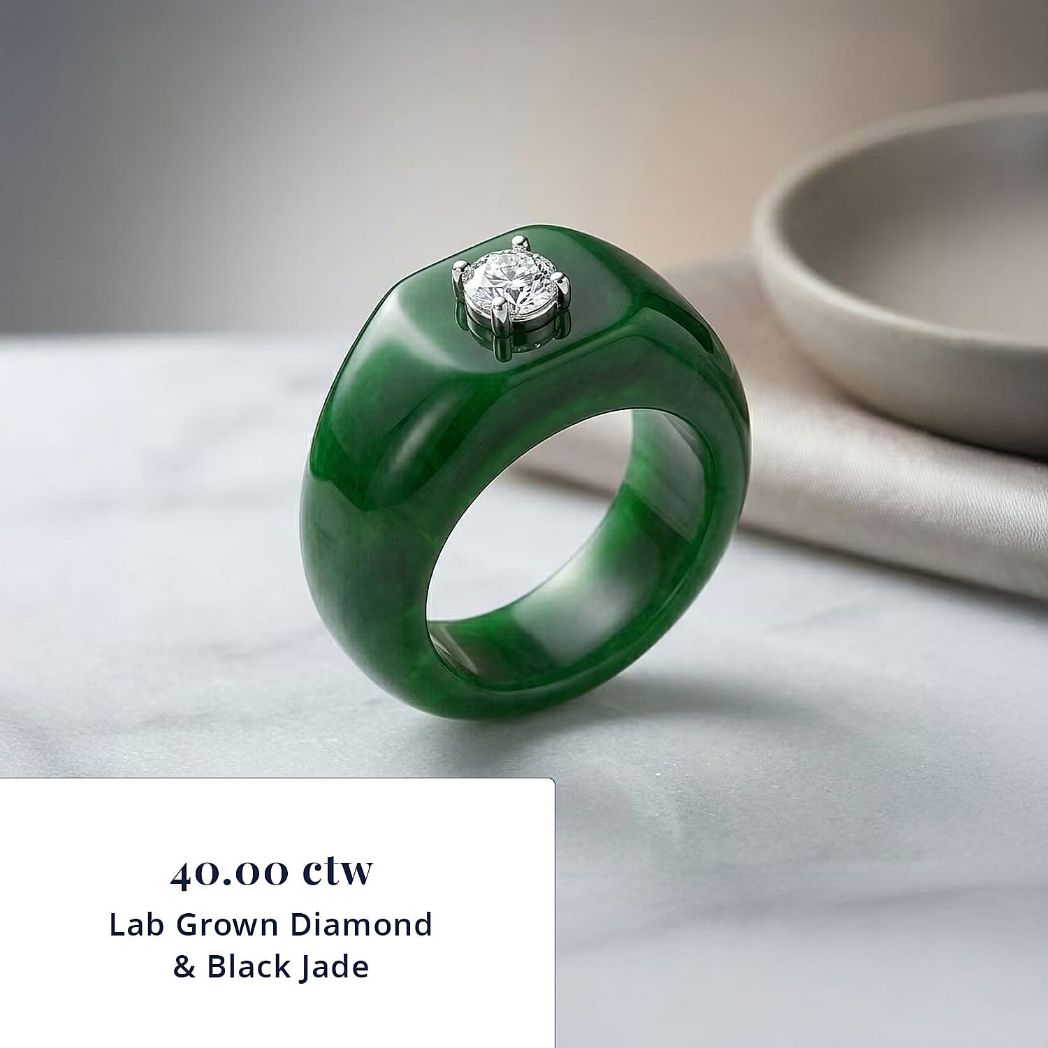 Lab Grown Diamond G-H SI 40.00 ctw and Green Jade (D) Midnight Spark Ring in Rhodium Over Sterling Silver (Size 7.0)