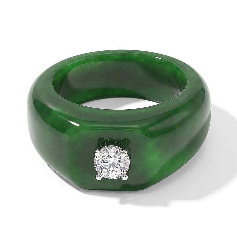 Lab Grown Diamond G-H SI 40.00 ctw and Green Jade (D) Midnight Spark Ring in Rhodium Over Sterling Silver (Size 9.0)