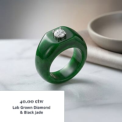 Lab Grown Diamond G-H SI 40.00 ctw and Green Jade (D) Midnight Spark Ring in Rhodium Over Sterling Silver (Size 9.0)