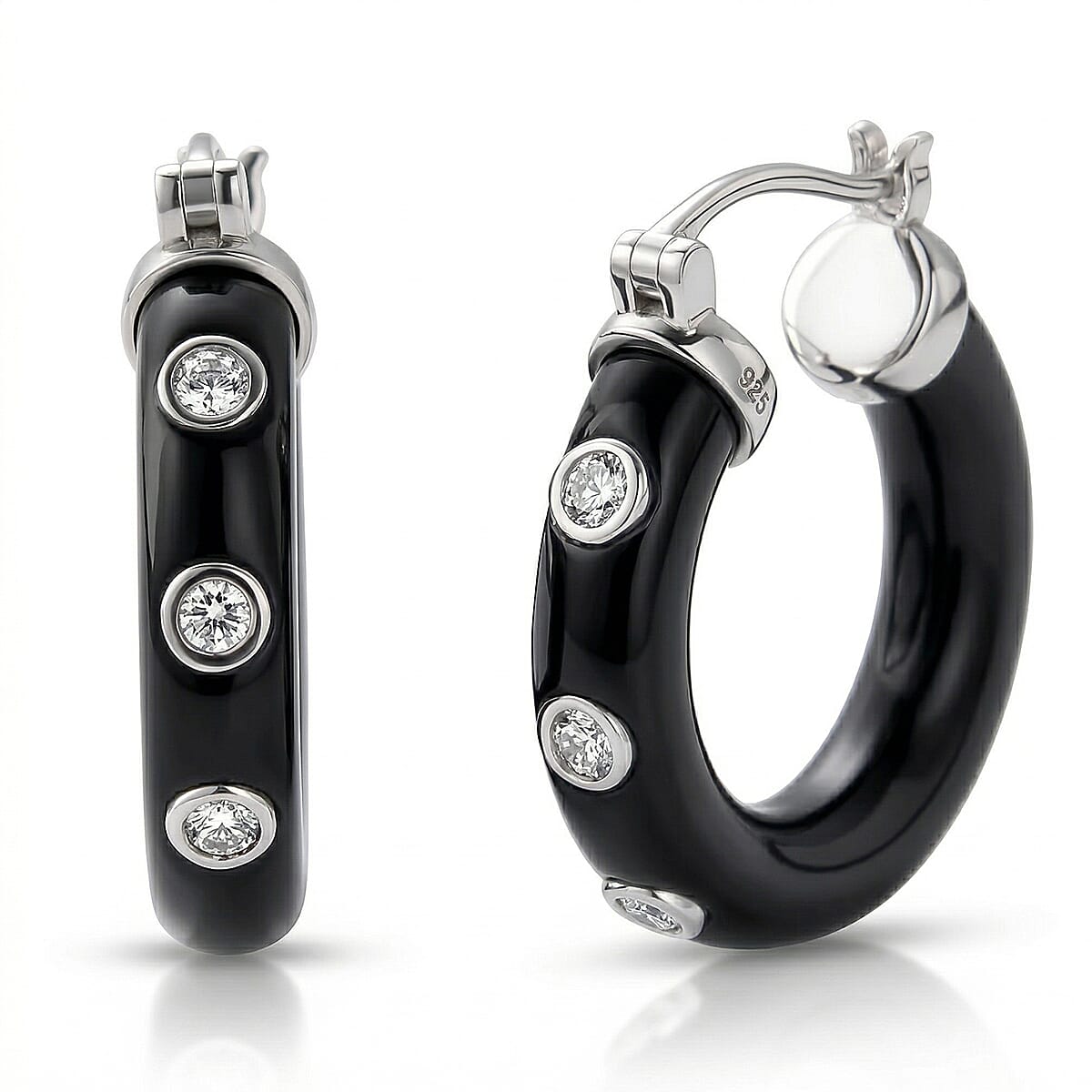 Lab Grown Diamond G-H SI 36.80 ctw and Black Jade Midnight Spark Hoop Earrings in Rhodium Over Sterling Silver