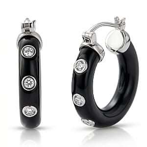 Lab Grown Diamond G-H SI 36.80 ctw and Black Jade Midnight Spark Hoop Earrings in Rhodium Over Sterling Silver (Ships in 8-10 Days)