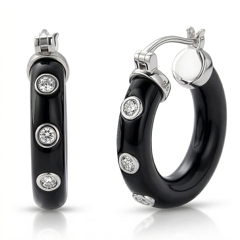 Lab Grown Diamond G-H SI 36.80 ctw and Black Jade Midnight Spark Hoop Earrings in Rhodium Over Sterling Silver