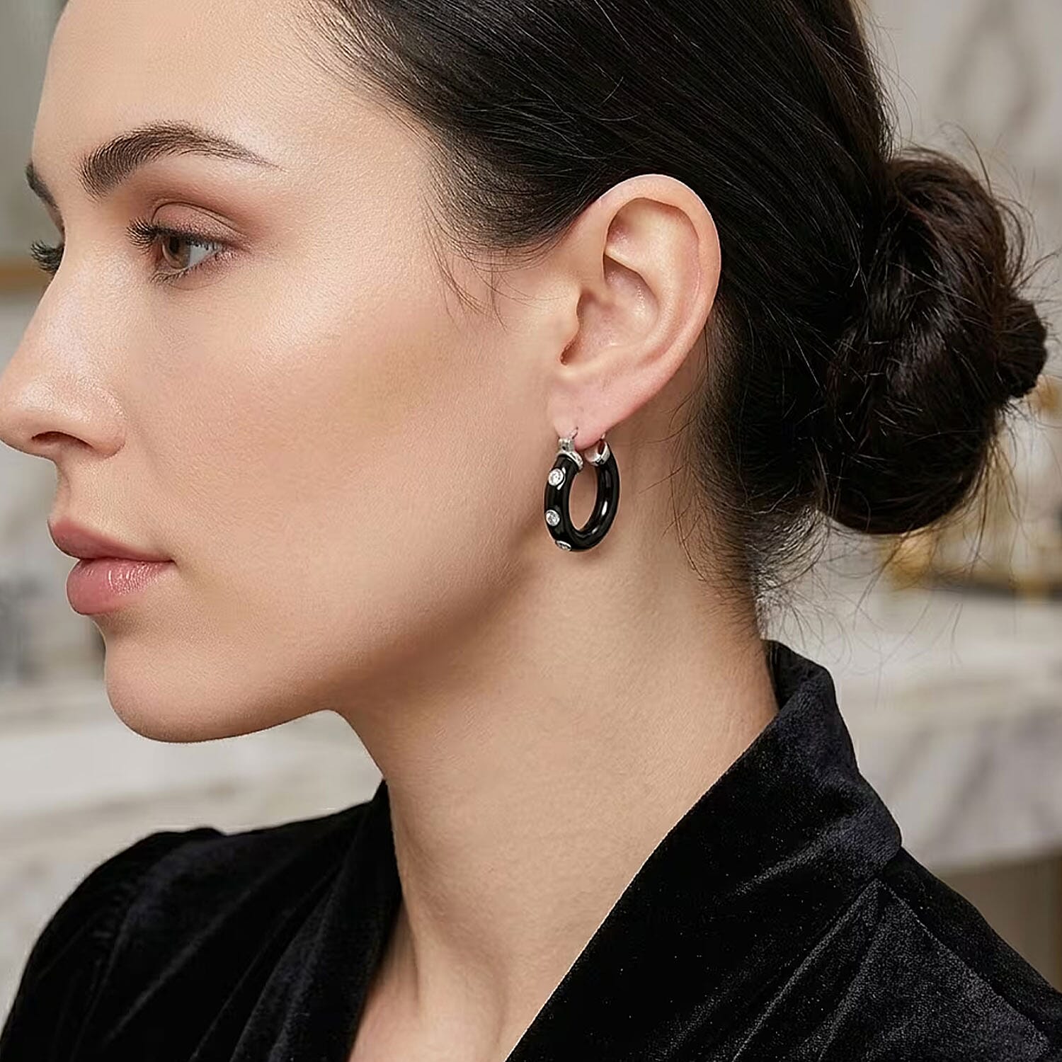 Lab Grown Diamond G-H SI 36.80 ctw and Black Jade Midnight Spark Hoop Earrings in Rhodium Over Sterling Silver