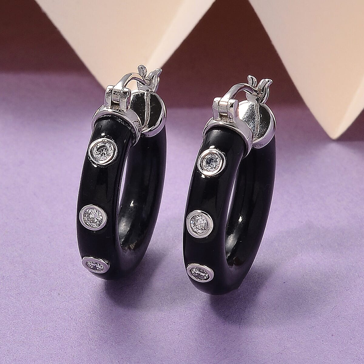 Lab Grown Diamond G-H SI 36.80 ctw and Black Jade Midnight Spark Hoop Earrings in Rhodium Over Sterling Silver (Ships in 8-10 Days) image number 1