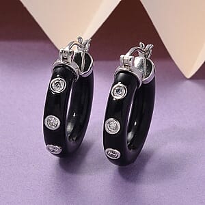 Lab Grown Diamond G-H SI 36.80 ctw and Black Jade Midnight Spark Hoop Earrings in Rhodium Over Sterling Silver (Ships in 8-10 Days)