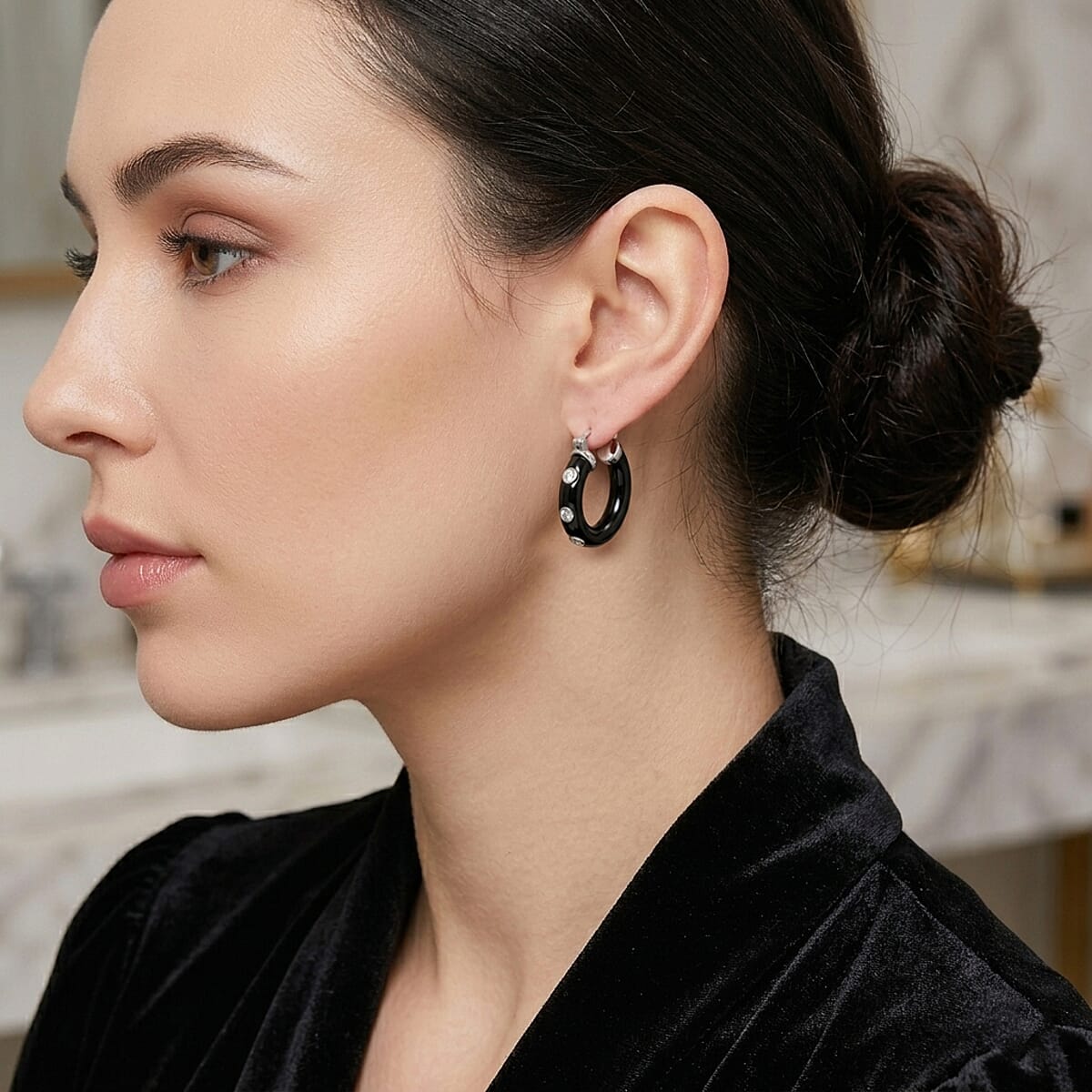 Lab Grown Diamond G-H SI 36.80 ctw and Black Jade Midnight Spark Hoop Earrings in Rhodium Over Sterling Silver (Ships in 8-10 Days) image number 2