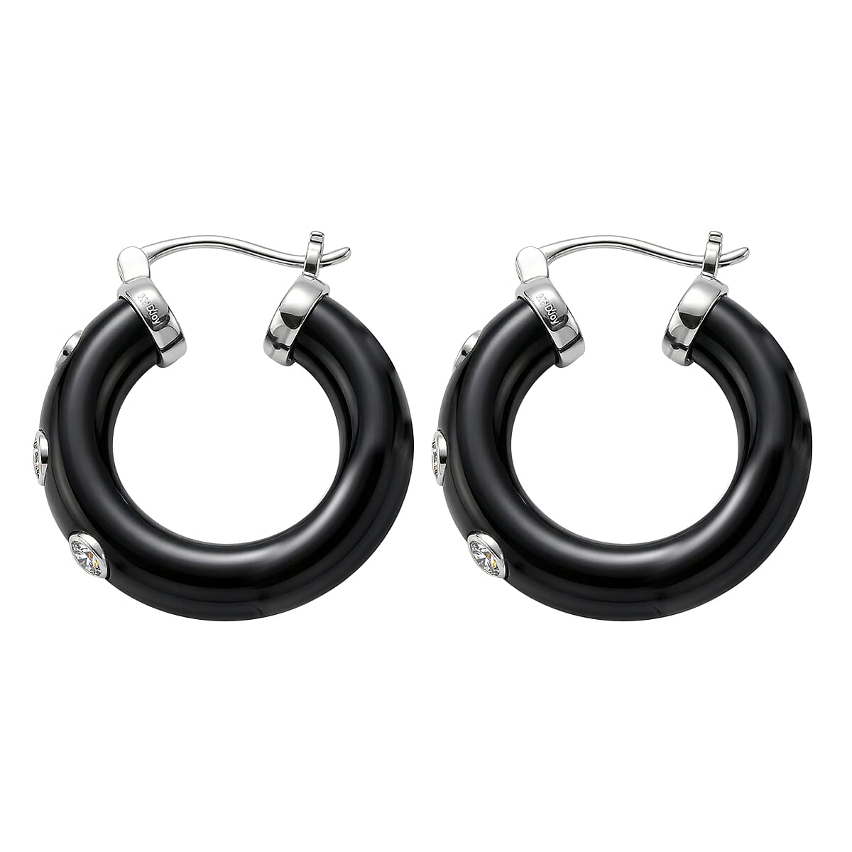 Lab Grown Diamond G-H SI 36.80 ctw and Black Jade Midnight Spark Hoop Earrings in Rhodium Over Sterling Silver (Ships in 8-10 Days) image number 3