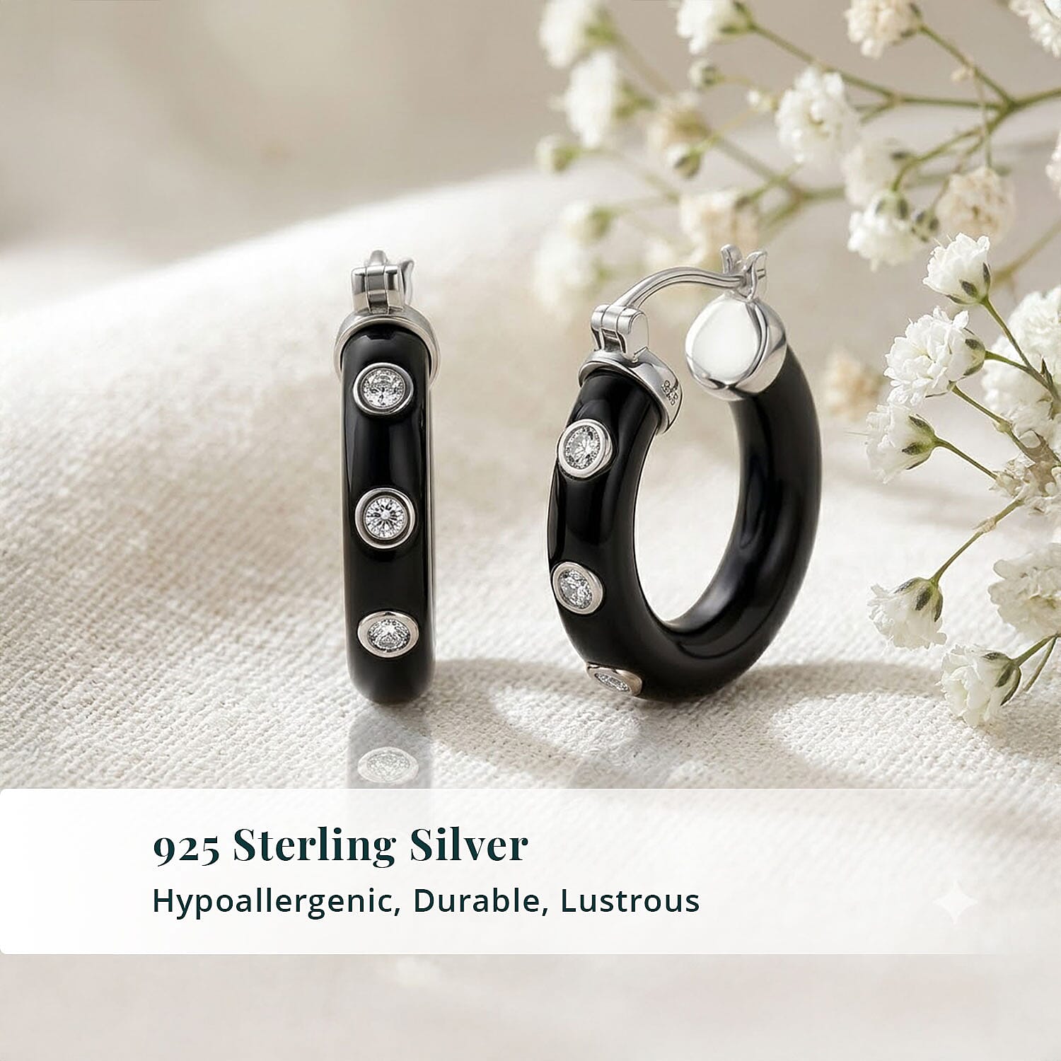 Lab Grown Diamond G-H SI 36.80 ctw and Black Jade Midnight Spark Hoop Earrings in Rhodium Over Sterling Silver