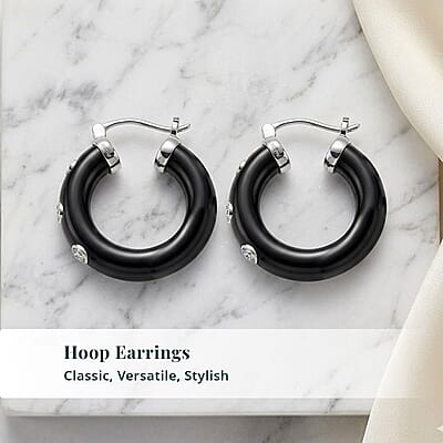 Lab Grown Diamond G-H SI 36.80 ctw and Black Jade Midnight Spark Hoop Earrings in Rhodium Over Sterling Silver
