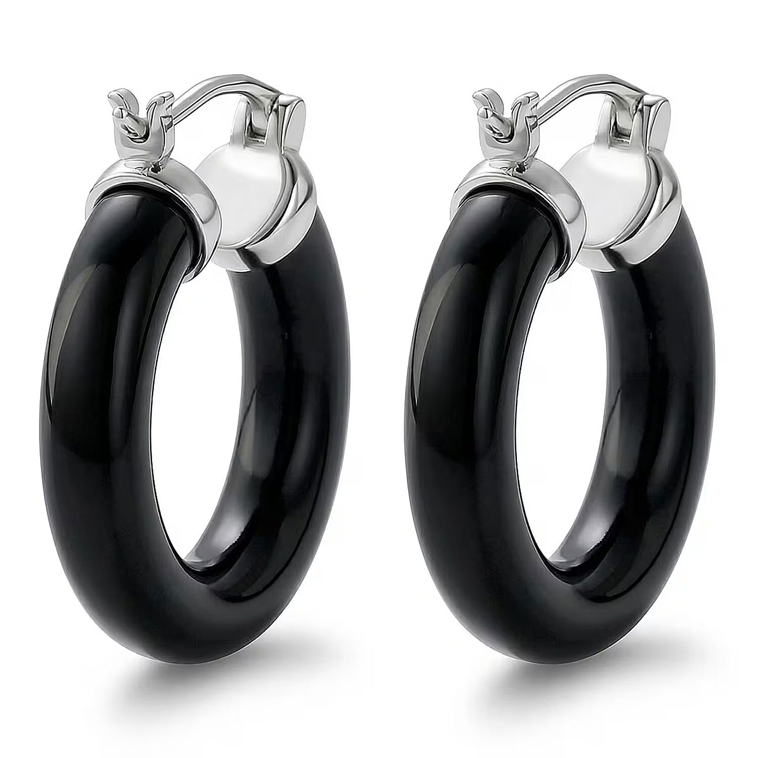 Lab Grown Diamond G-H SI 36.80 ctw and Black Jade Midnight Spark Hoop Earrings in Rhodium Over Sterling Silver