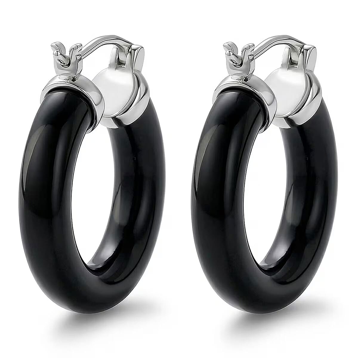 Lab Grown Diamond G-H SI 36.80 ctw and Black Jade Midnight Spark Hoop Earrings in Rhodium Over Sterling Silver image number 7