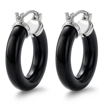 Lab Grown Diamond G-H SI 36.80 ctw and Black Jade Midnight Spark Hoop Earrings in Rhodium Over Sterling Silver