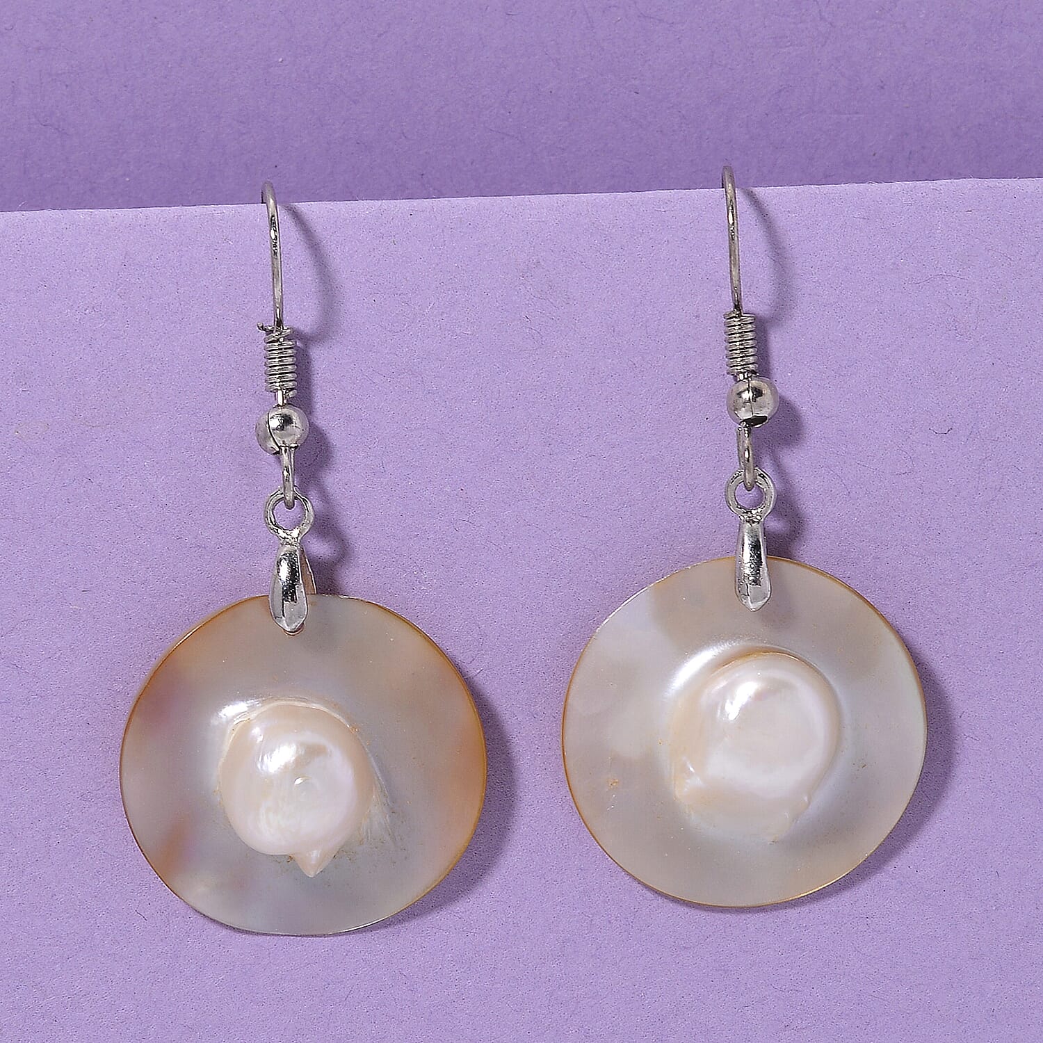 Round Shell Pearl Dangle Earrings in Silvertone