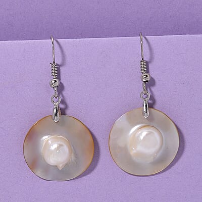 Round Shell Pearl Dangle Earrings in Silvertone
