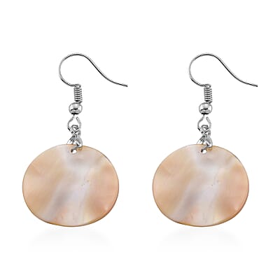 Round Shell Pearl Dangle Earrings in Silvertone