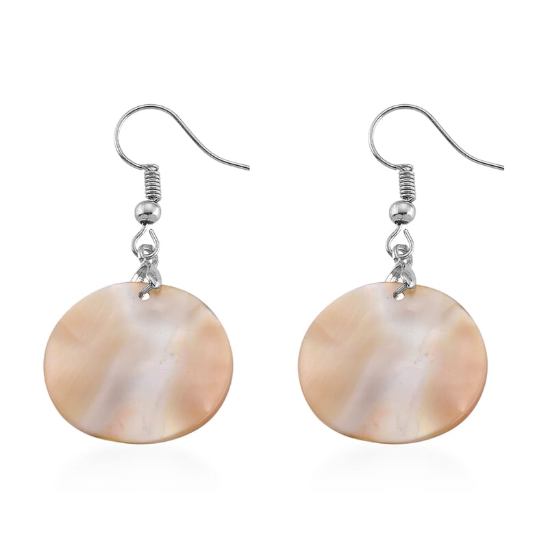Round Shell Pearl Dangle Earrings in Silvertone