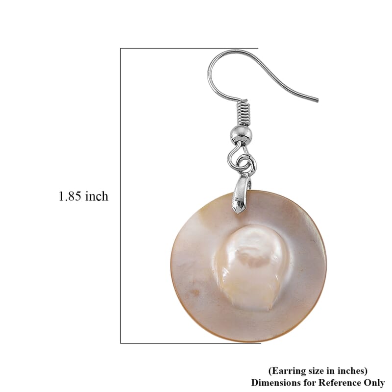 Round Shell Pearl Dangle Earrings in Silvertone