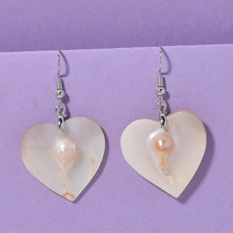 Black Mother of Pearl Heart Earrings in Silvertone