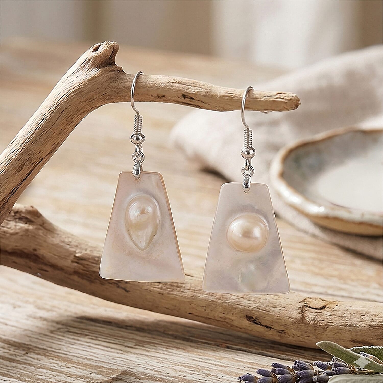 Black Mother of Pearl  Dangle Earrings in Silvertone