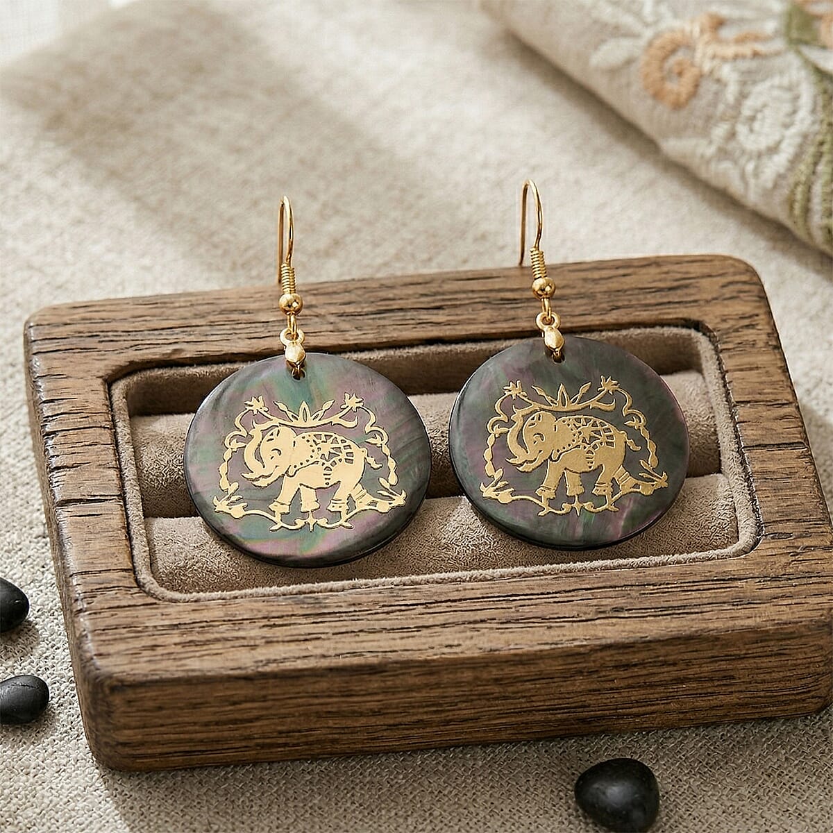 Black Mother of Pearl Earrings in Goldtone image number 1