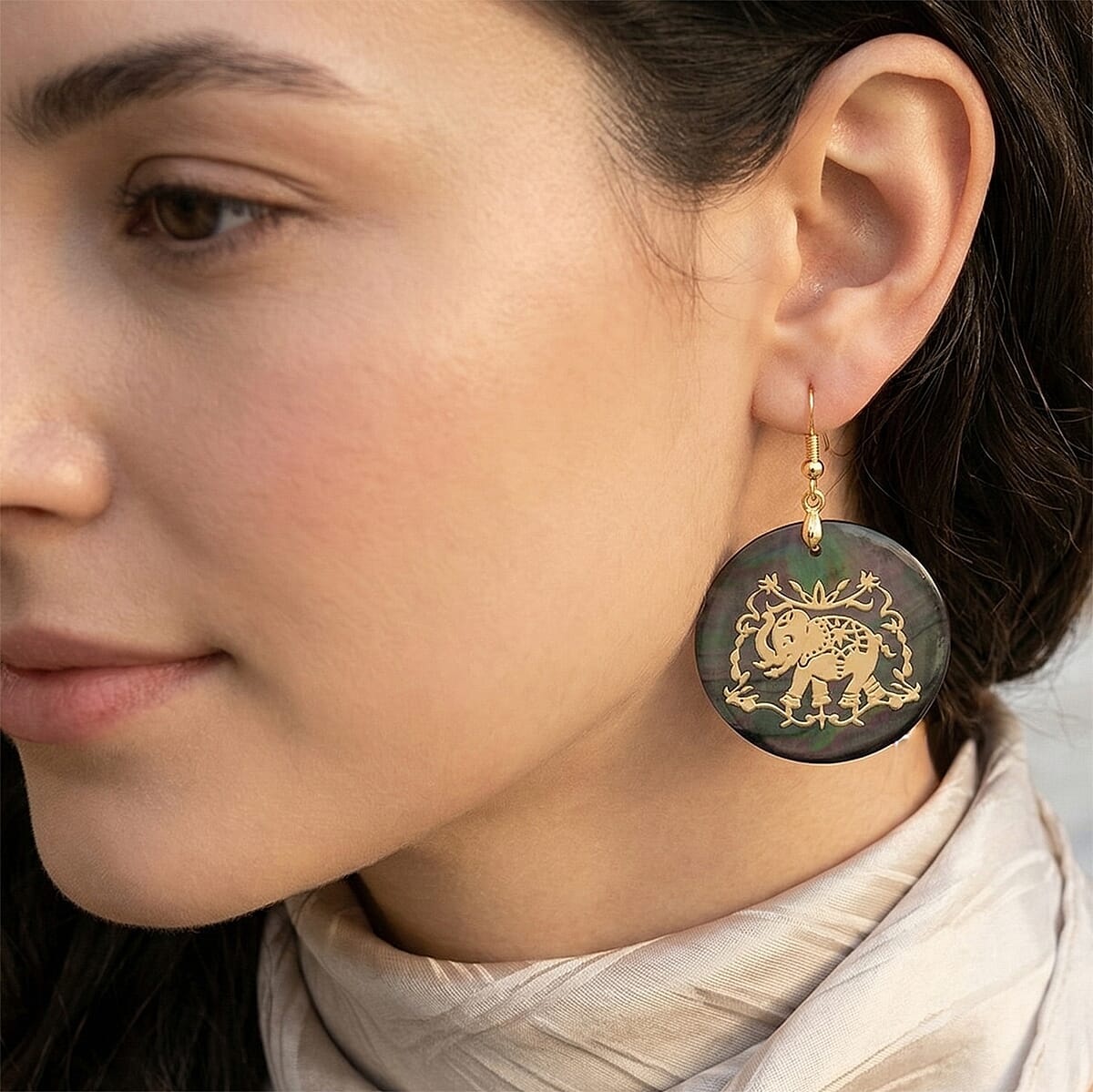 Black Mother of Pearl Earrings in Goldtone image number 2