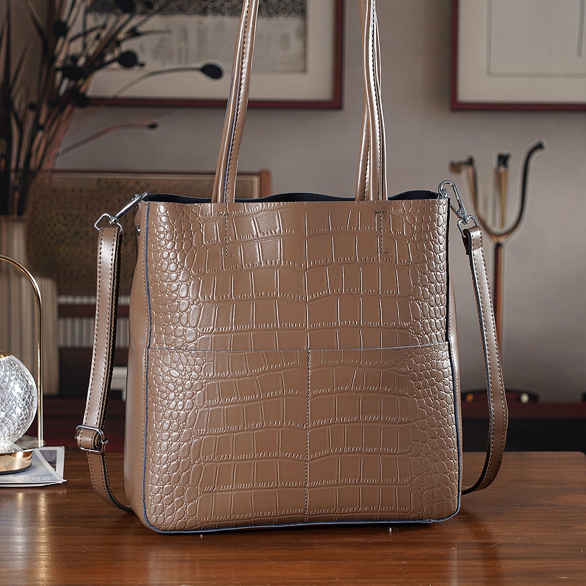 La Marey Dark Grey Crocodile Genuine Leather Crossbody Bag with Adjustable Strap