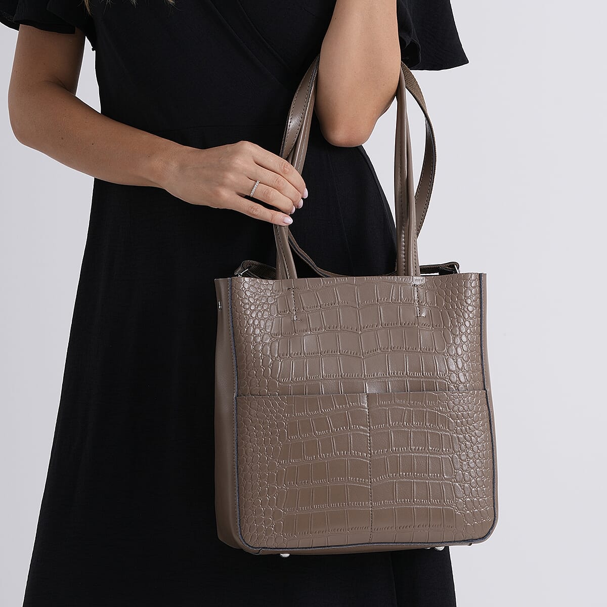 La Marey Dark Grey Crocodile Genuine Leather Crossbody Bag with Adjustable Strap