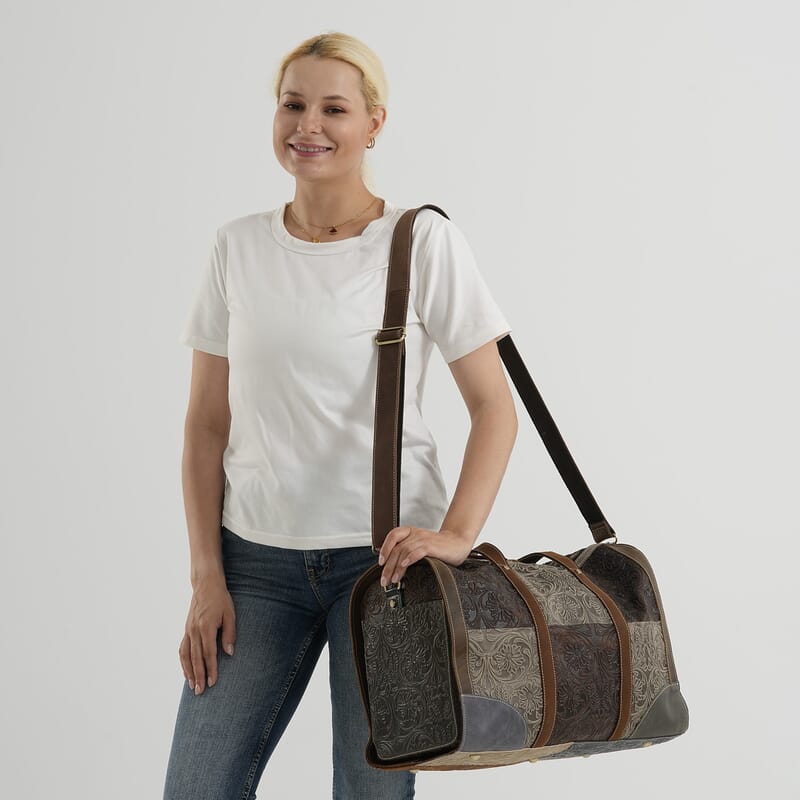 La Marey Coffee and Gray Floral Embossed Genuine Leather Duffel Bag