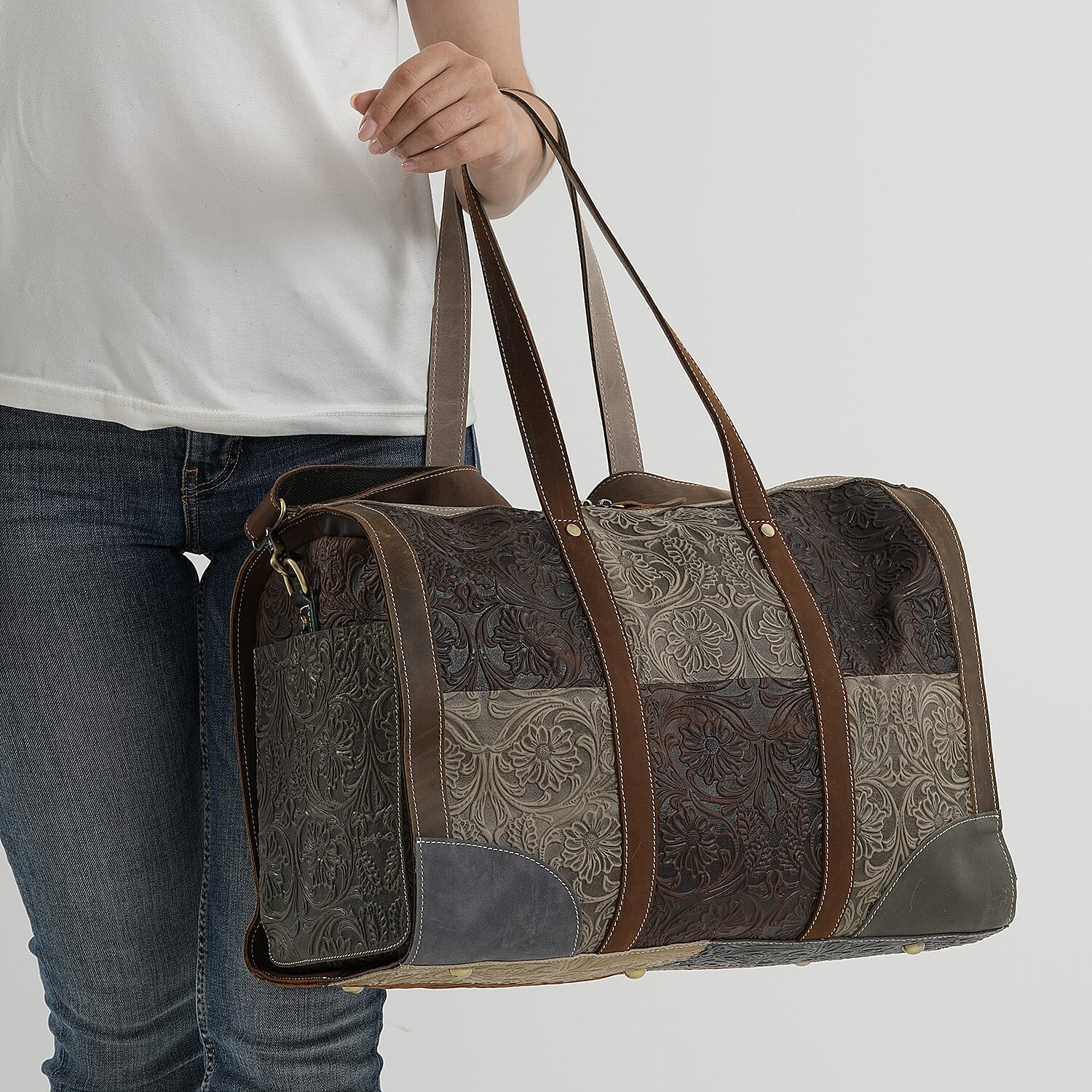 La Marey Coffee and Gray Floral Embossed Genuine Leather Duffel Bag