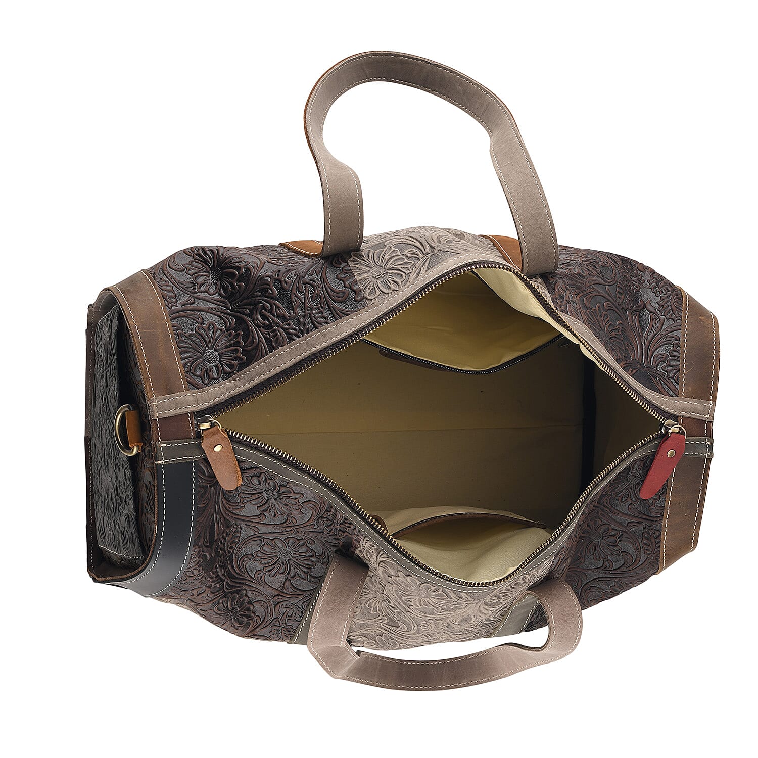La Marey Coffee and Gray Floral Embossed Genuine Leather Duffel Bag