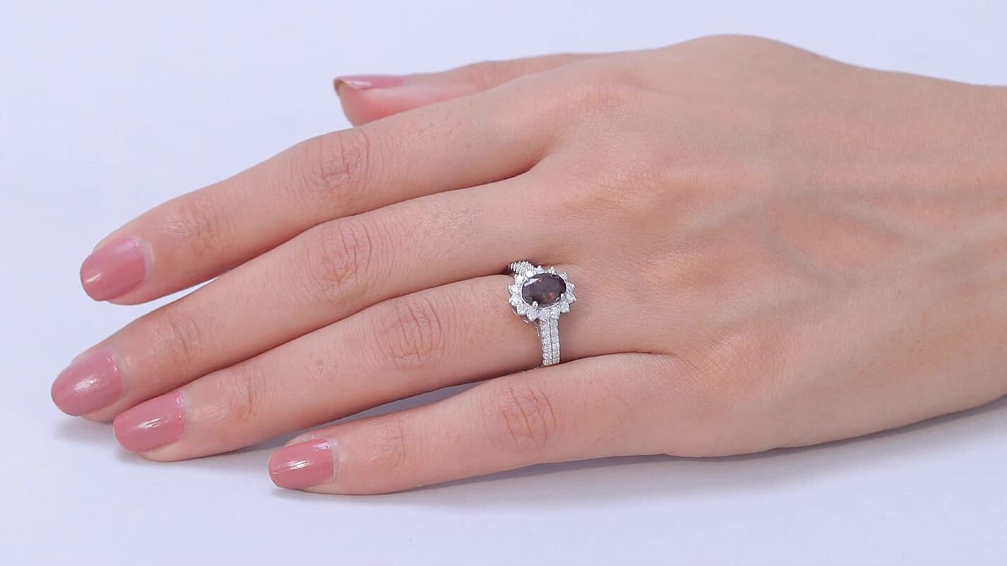 D'Joy Premium Colour Change Garnet and Moissanite 2.10 ctw Ring in Rhodium Over Sterling Silver