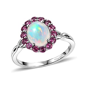 D'Joy Premium Ethiopian Welo Opal and Radiant Ember Garnet 1.85 ctw Infinity Halo Ring in Rhodium Over Sterling Silver (Size 10.0) (Ships. in 8-10 Days)