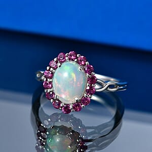 D'Joy Premium Ethiopian Welo Opal and Radiant Ember Garnet 1.85 ctw Infinity Halo Ring in Rhodium Over Sterling Silver (Size 10.0) (Ships. in 8-10 Days)