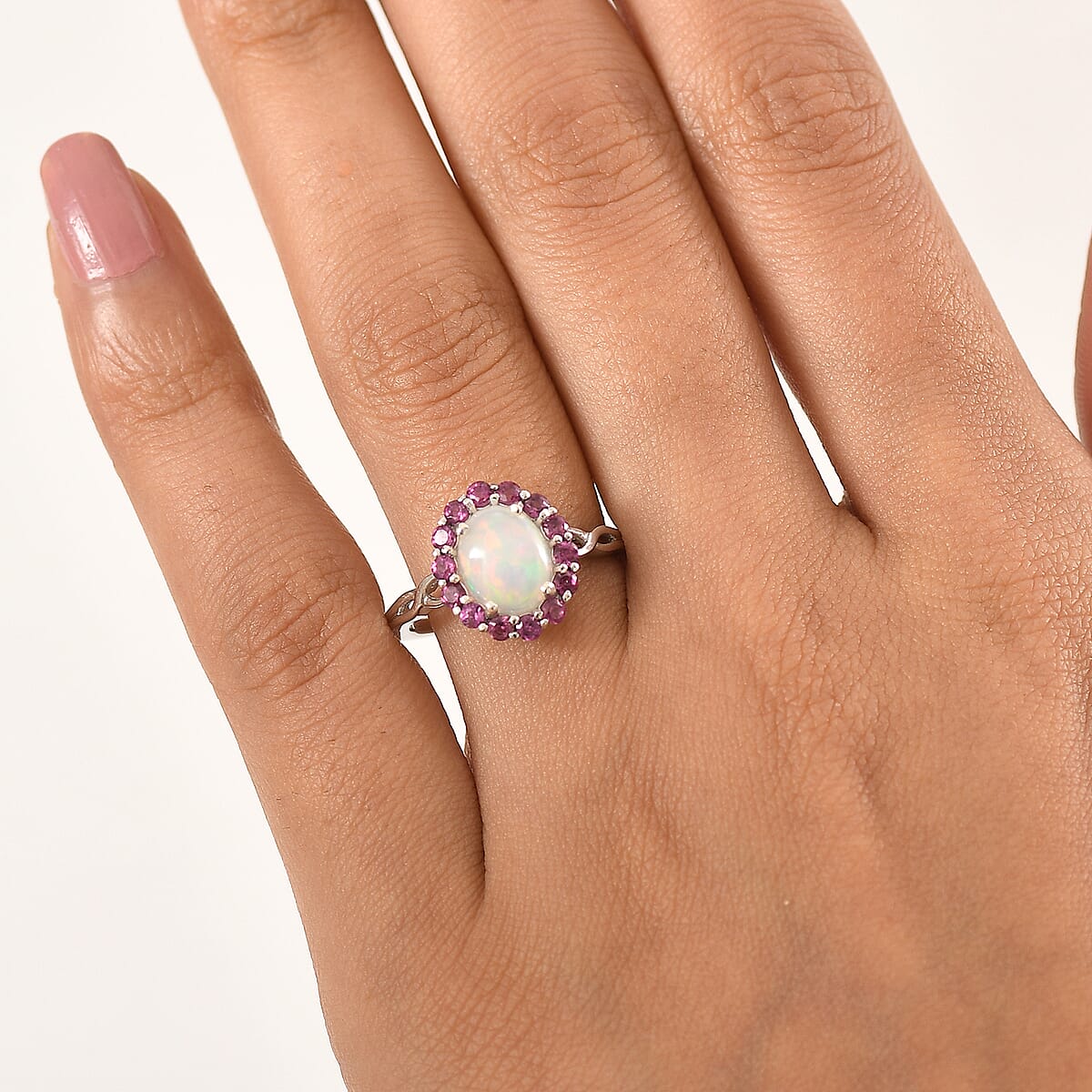 D'Joy Premium Ethiopian Welo Opal and Radiant Ember Garnet 1.85 ctw Infinity Halo Ring in Rhodium Over Sterling Silver (Size 10.0) image number 2