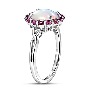 D'Joy Premium Ethiopian Welo Opal and Radiant Ember Garnet 1.85 ctw Infinity Halo Ring in Rhodium Over Sterling Silver (Size 10.0) (Ships. in 8-10 Days)