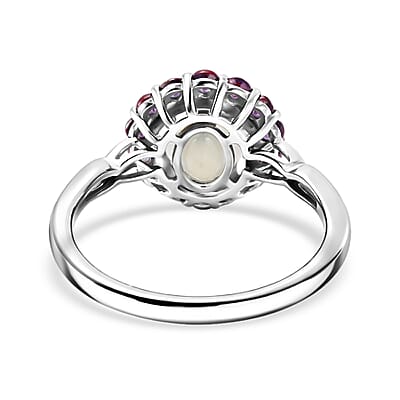 D'Joy Premium Ethiopian Welo Opal and Radiant Ember Garnet 1.85 ctw Infinity Halo Ring in Rhodium Over Sterling Silver (Size 6.0)