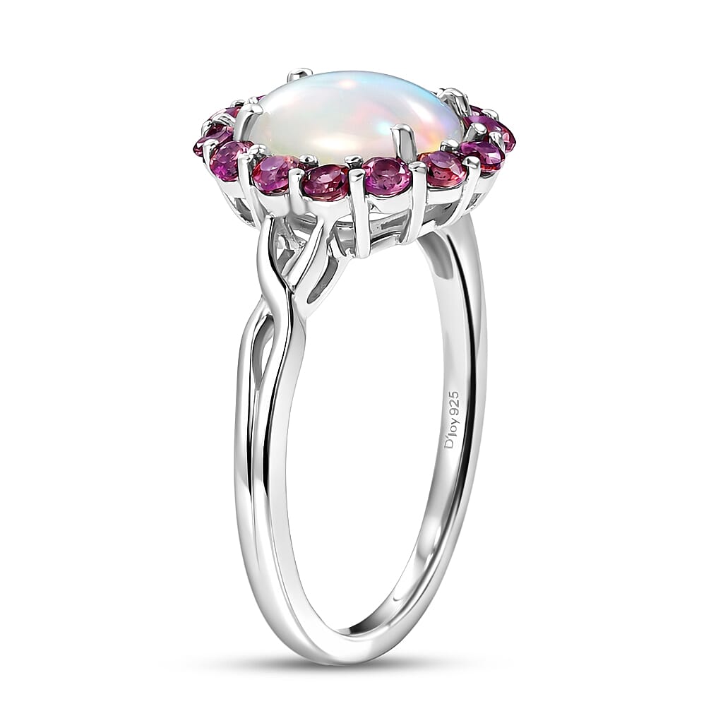 D'Joy Premium Ethiopian Welo Opal and Radiant Ember Garnet 1.85 ctw Infinity Halo Ring in Rhodium Over Sterling Silver (Size 8.0)