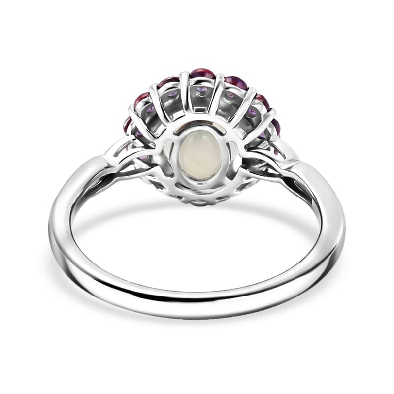 D'Joy Premium Ethiopian Welo Opal and Radiant Ember Garnet 1.85 ctw Infinity Halo Ring in Rhodium Over Sterling Silver (Size 8.0)