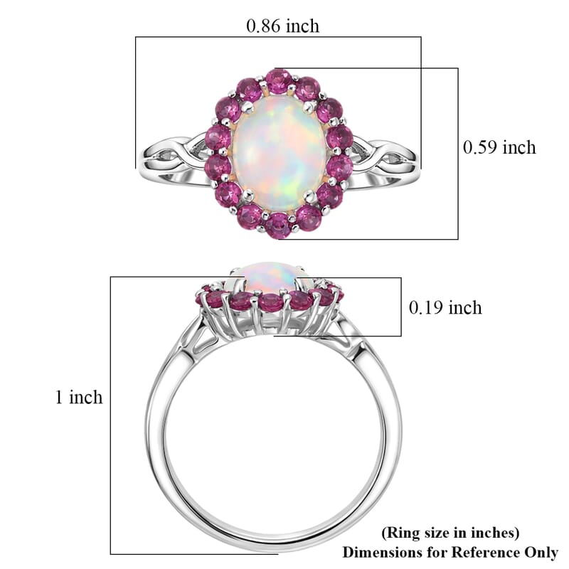 D'Joy Premium Ethiopian Welo Opal and Radiant Ember Garnet 1.85 ctw Infinity Halo Ring in Rhodium Over Sterling Silver (Size 8.0)