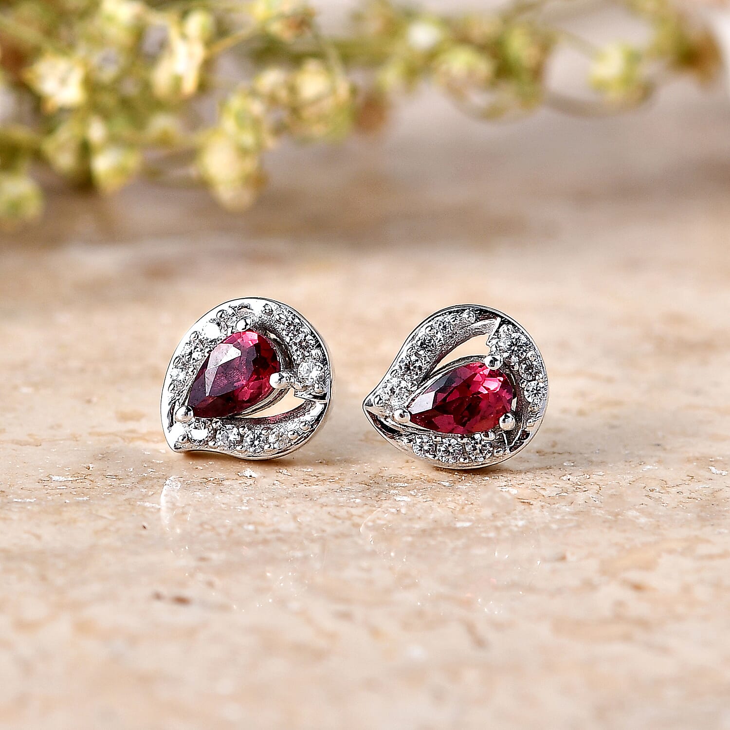 D'Joy Orissa Rose Garnet and White Zircon 0.75 ctw Solitaire Stud Earrings in Rhodium Over Sterling Silver