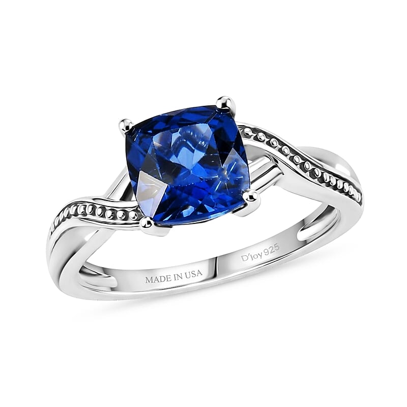 D'Joy Lab Created Blue Sapphire 2.20 ctw Ring in Rhodium Over Sterling Silver (Size  6.0)